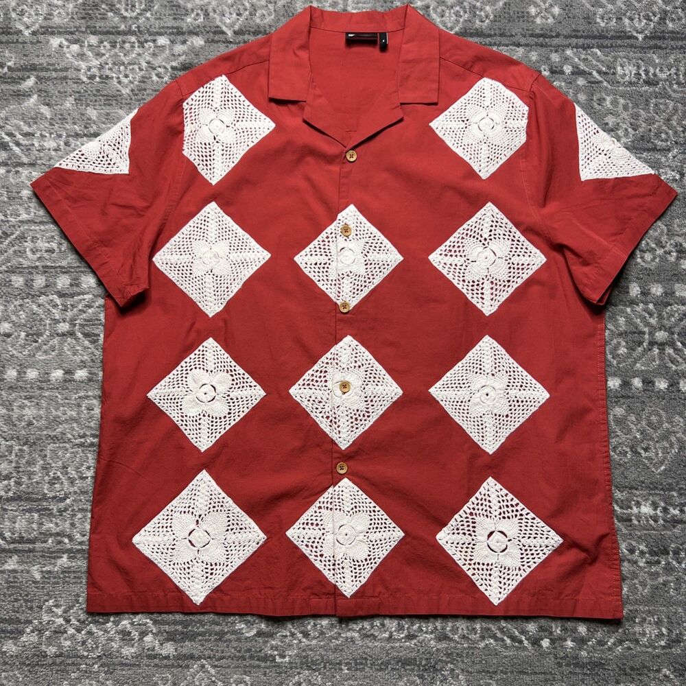 ASOS DESIGN Men’s Relaxed Revere Crochet Shirt XL Red Resortwear Cabana Shirt